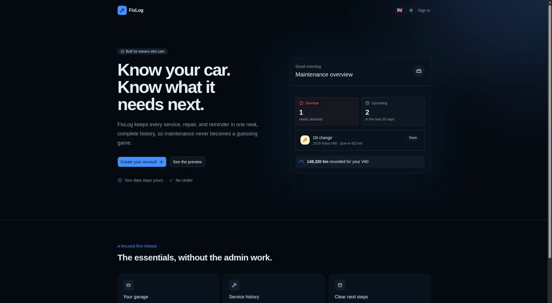 FixLog car maintenance dashboard